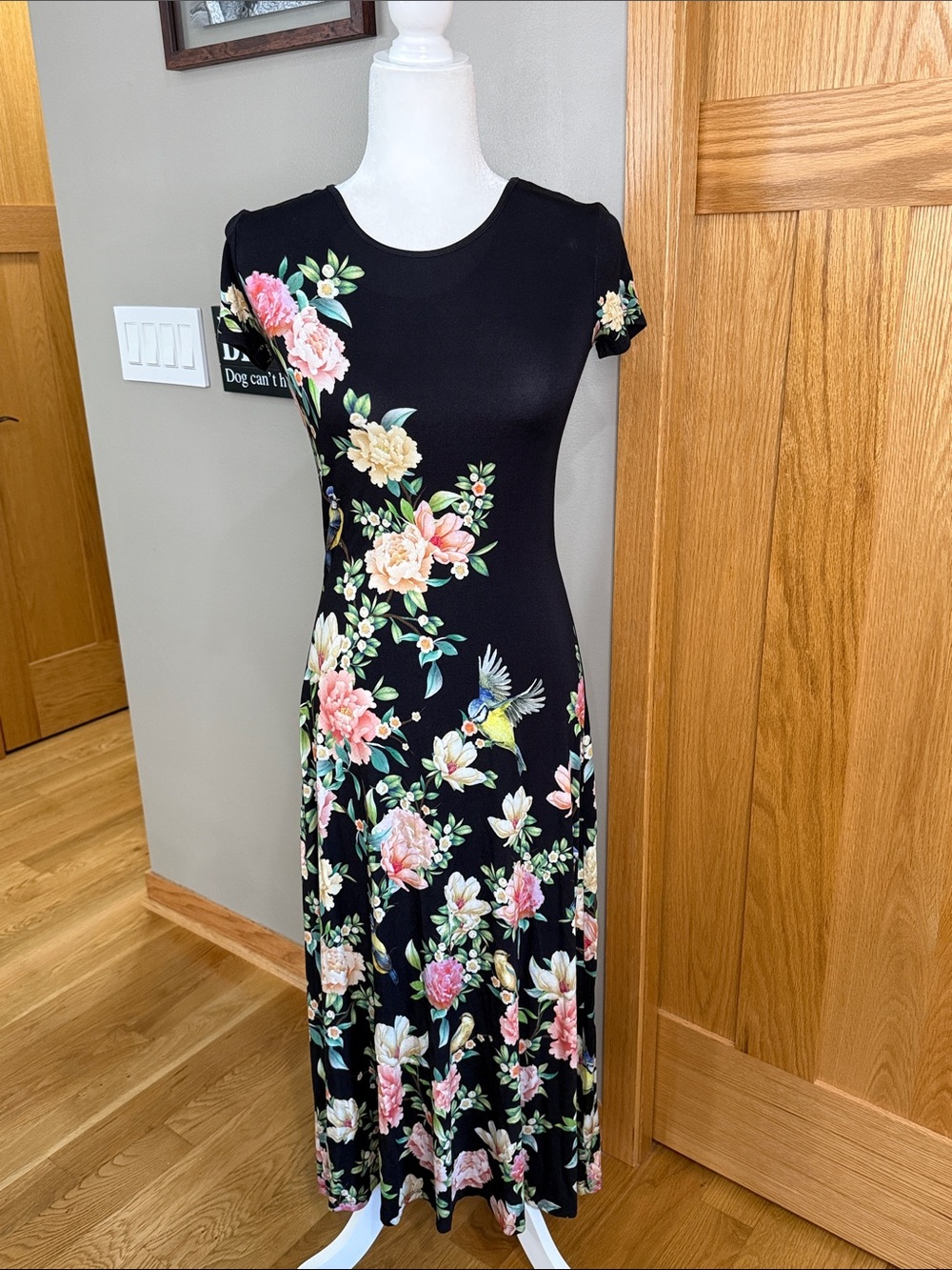 Johnny Was Black Floral Maxi Dress with Pink & Cream Blooms